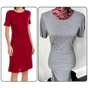 ‼️ NWOT•T TAHARI Short Sleeve Side Ruche Gray Viscose Midi Dress Small-Petite